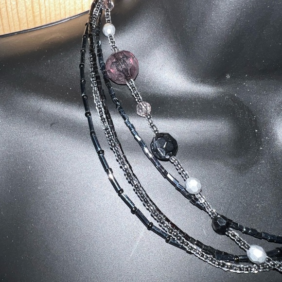 Vintage Purple Black Multi Strand Beaded Layer Necklace - Picture 4 of 11